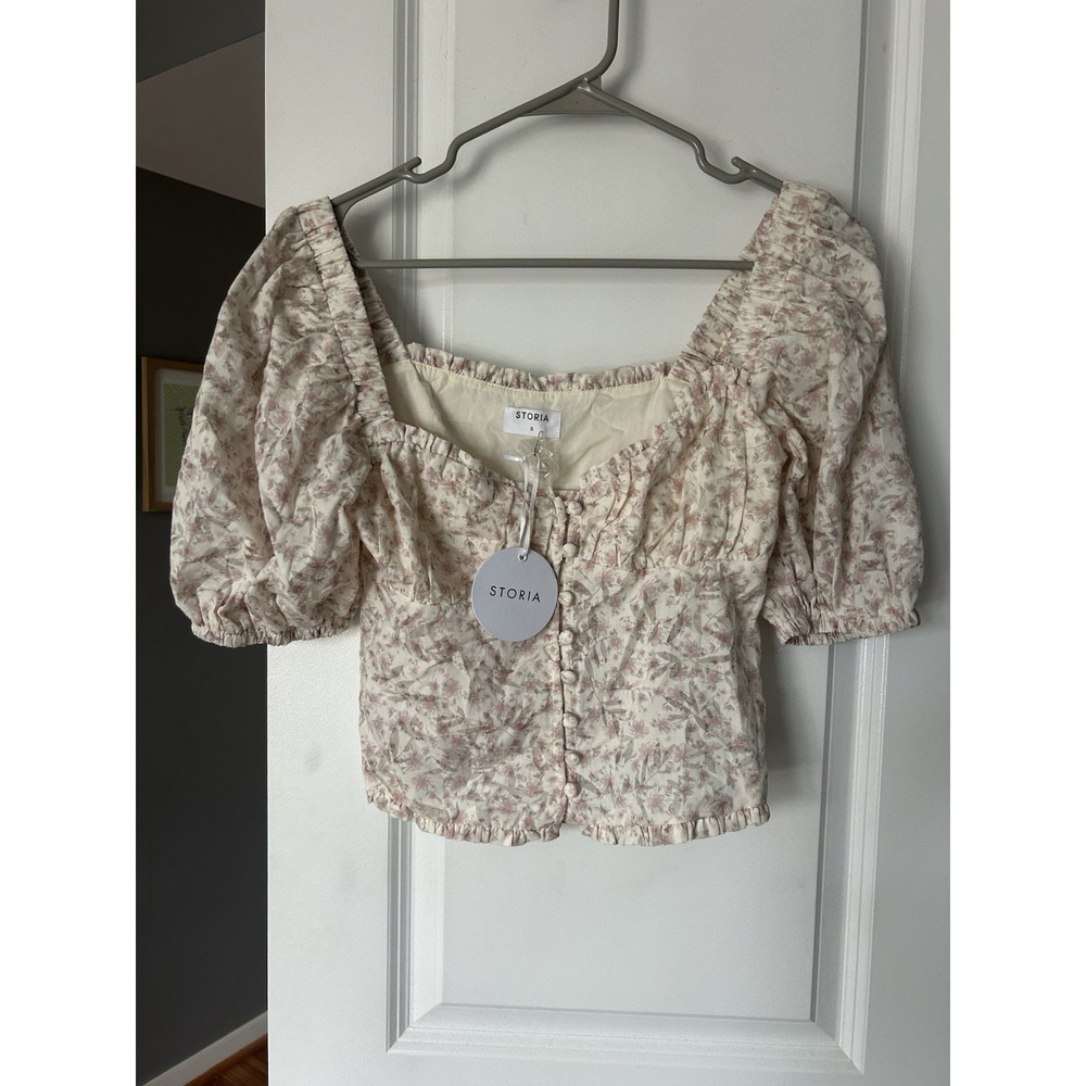 NWT STORIA Floral Embroidered Puff Sleeve Crop Top Size Small Pink Apricot